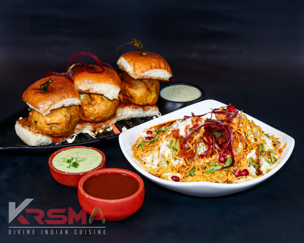 Vada pav and samosa chaat at KRSMA Indian street food restaurant Vancouver