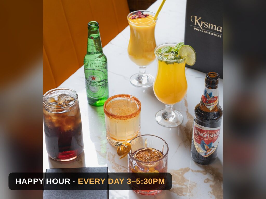 Happy hour drinks at KRSMA Indian Restaurant Vancouver: Heineken, Kingfisher, mango lassi and cocktails