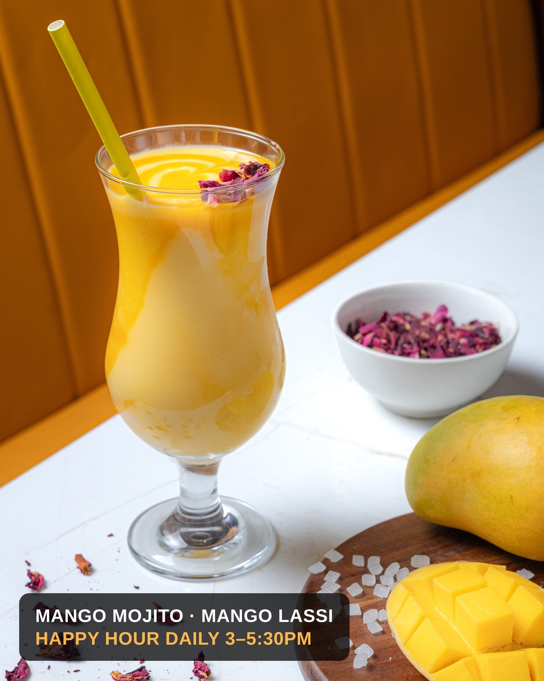 Mango lassi with rose petals at KRSMA Vancouver