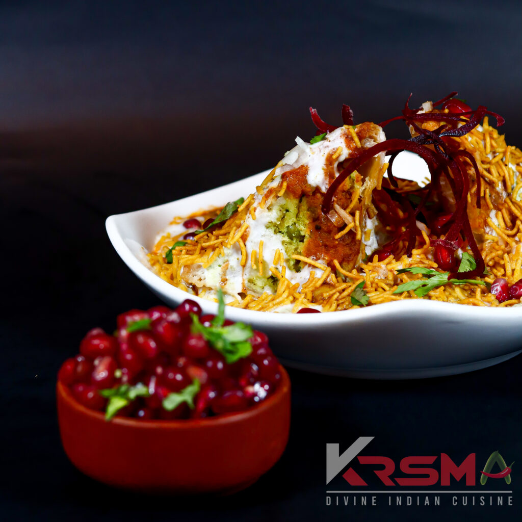 Samosa chaat with sev and pomegranate at KRSMA Vancouver