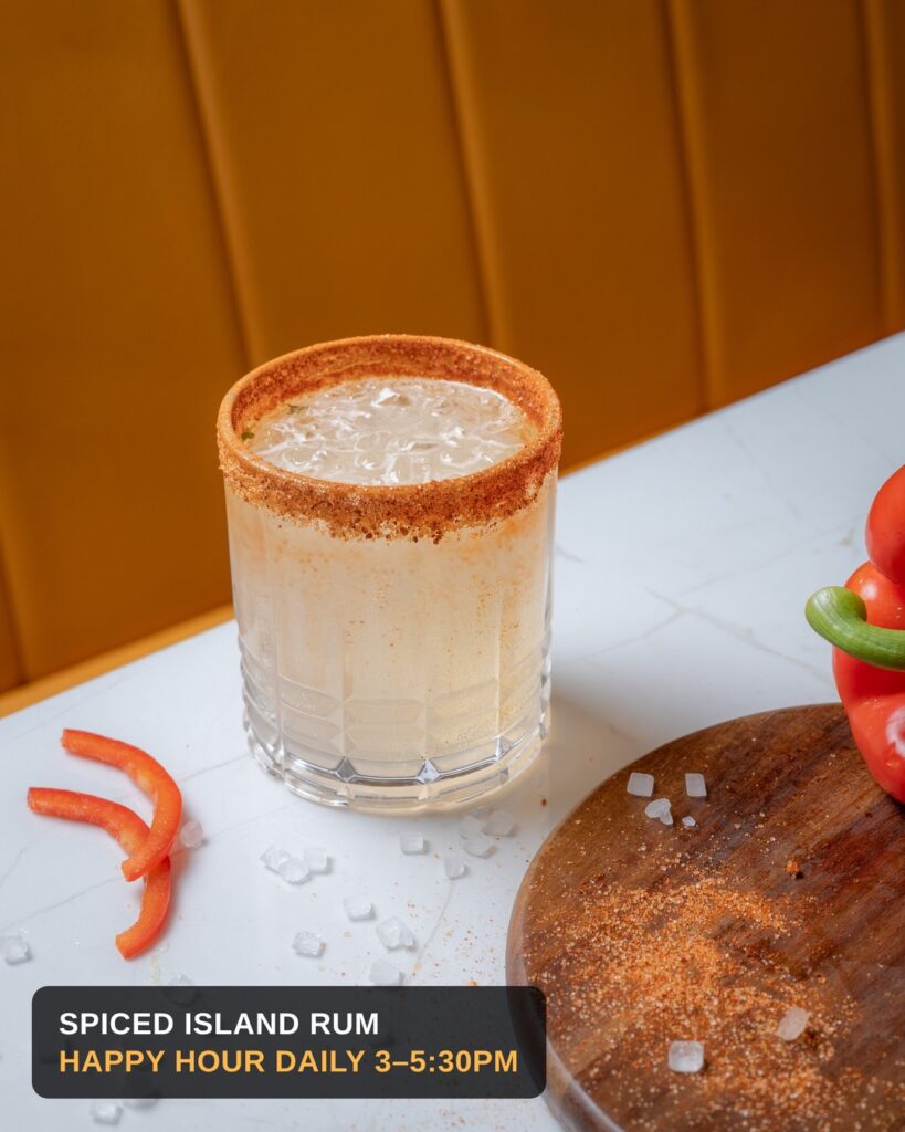 Spiced rum cocktail with chili-salt rim at KRSMA