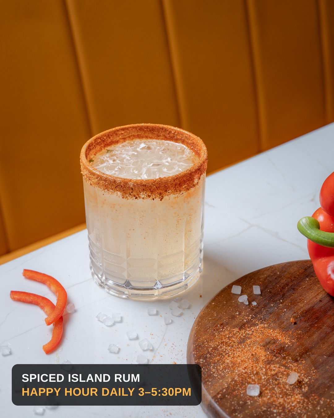 Spiced rum cocktail with chili-salt rim at KRSMA